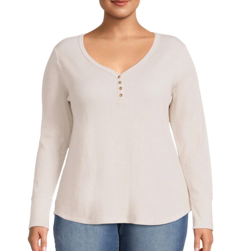 Terra & Sky Womens Plus 3X 24W-26W Waffle Knit Henley Top Long Sleeve Oatmeal